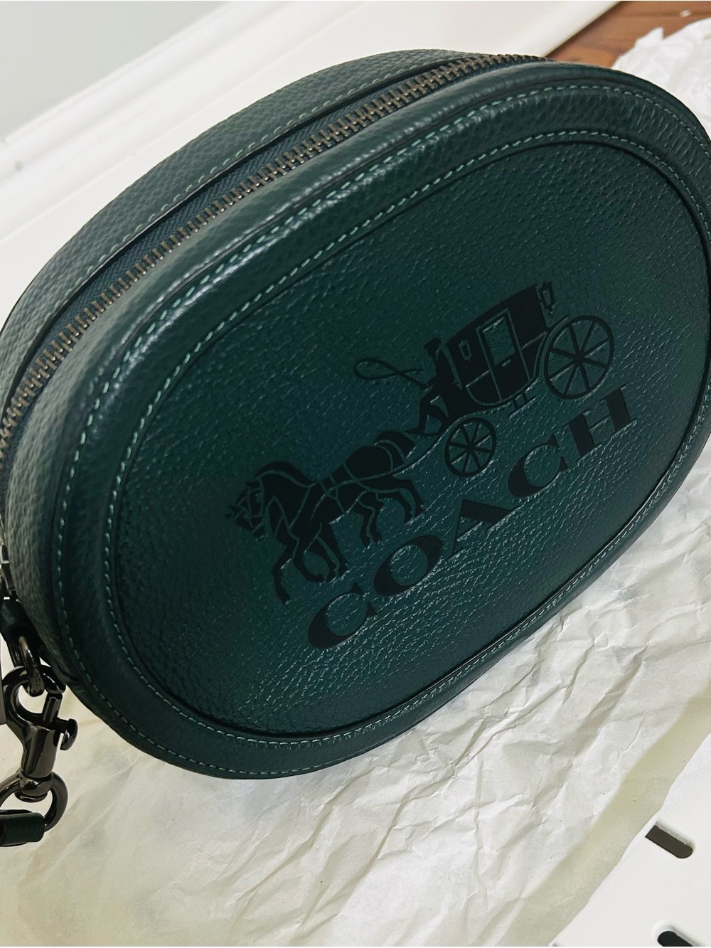 Coach Oval Leather Crossbody in Dark Green with Black Logo